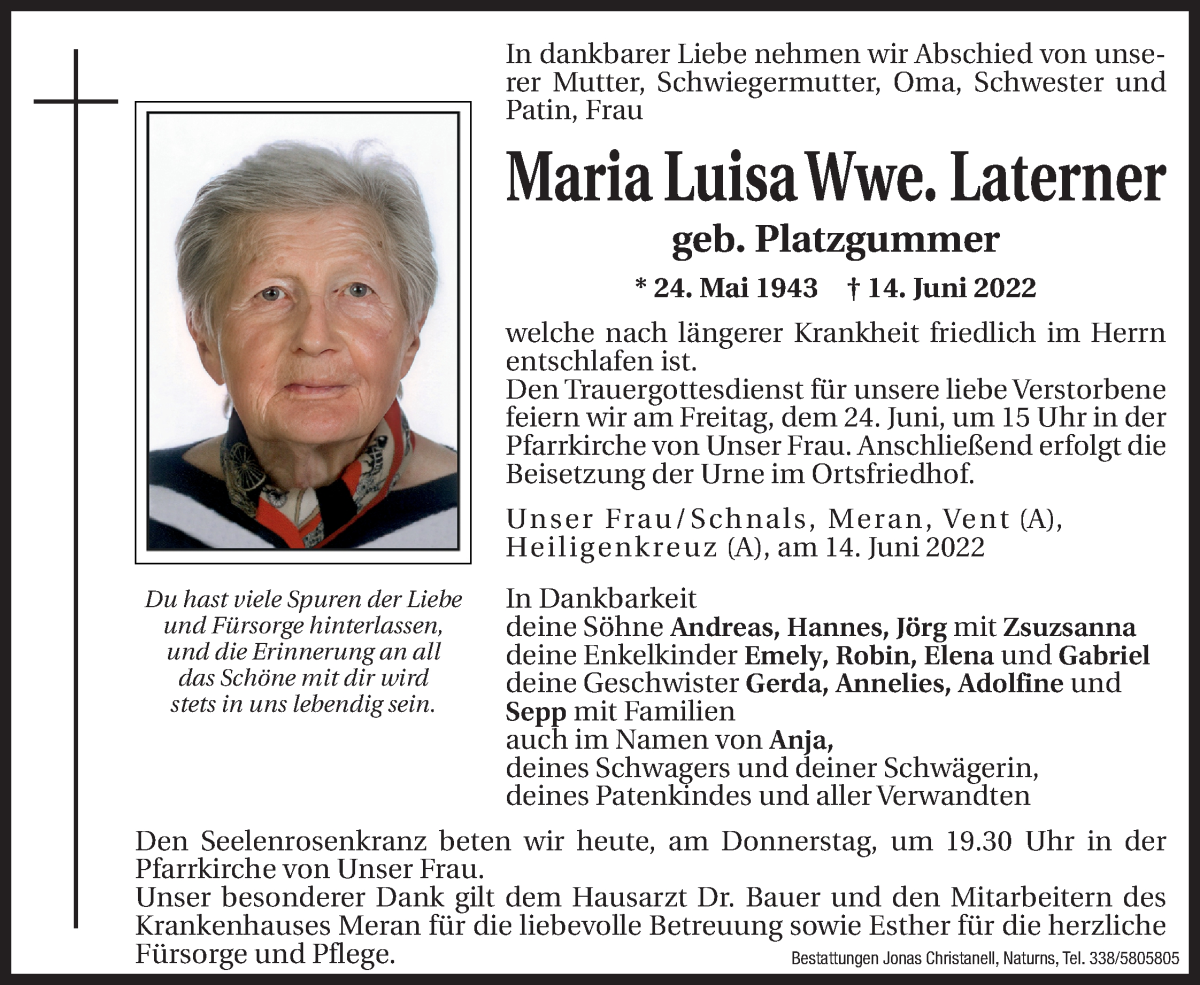  Traueranzeige für Maria Luisa Laterner vom 23.06.2022 aus Dolomiten