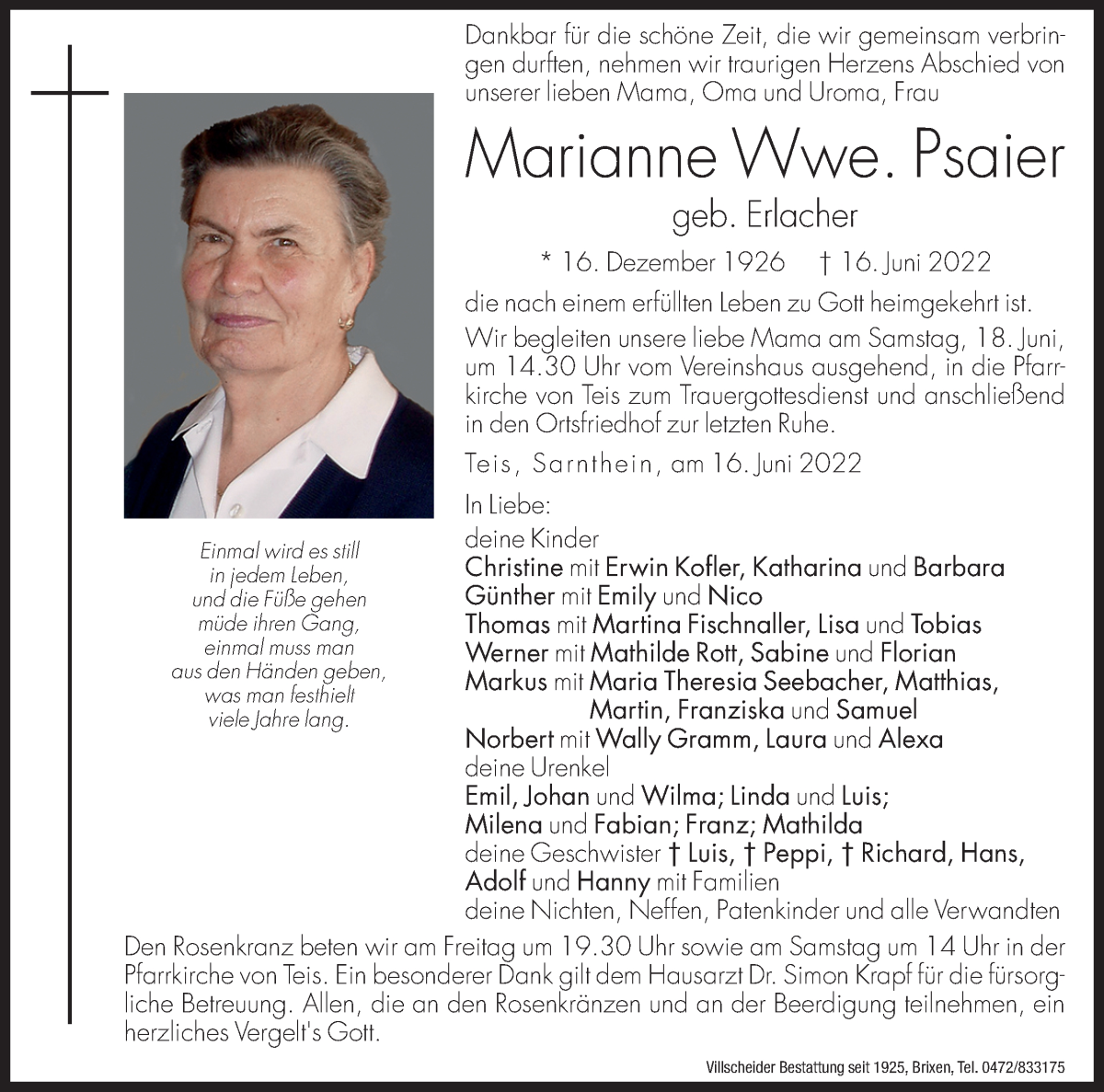  Traueranzeige für Marianne Psaier vom 17.06.2022 aus Dolomiten