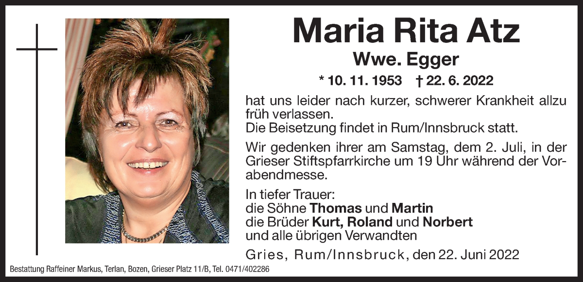  Traueranzeige für Maria Rita Egger vom 30.06.2022 aus Dolomiten