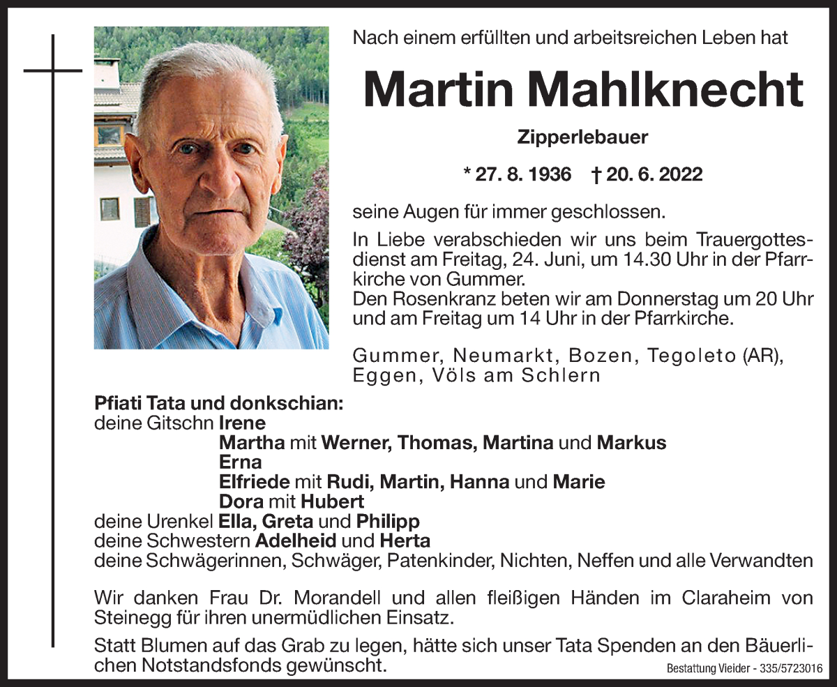  Traueranzeige für Martin Mahlknecht vom 22.06.2022 aus Dolomiten