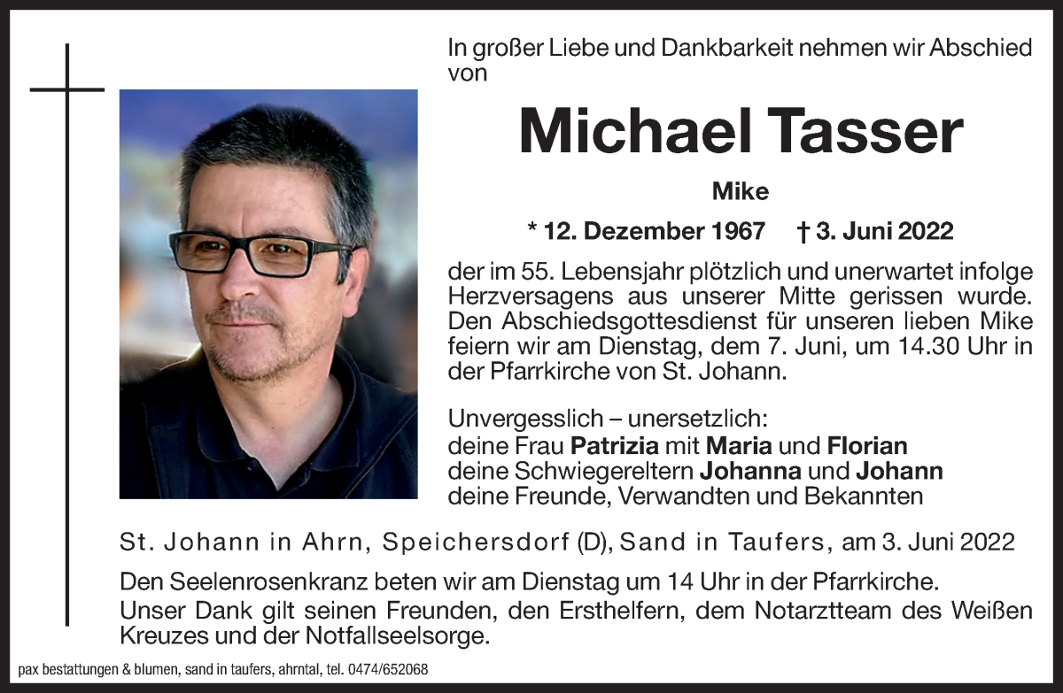  Traueranzeige für Michael Tasser vom 07.06.2022 aus Dolomiten