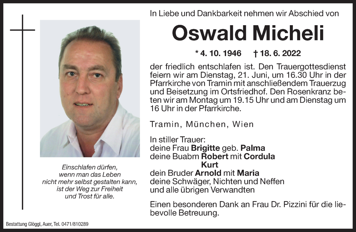  Traueranzeige für Oswald Micheli vom 20.06.2022 aus Dolomiten
