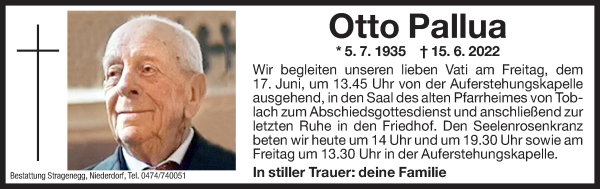 Traueranzeige von Otto Pallua von Dolomiten