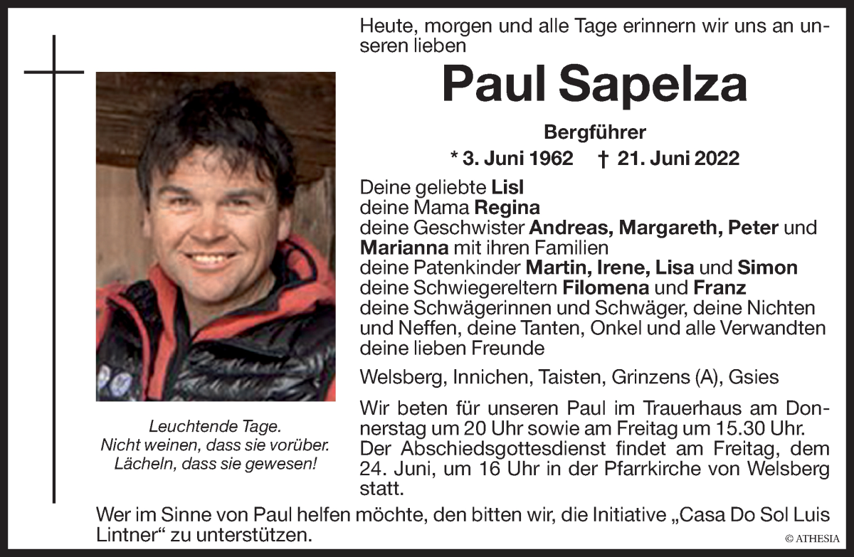  Traueranzeige für Paul Sapelza vom 23.06.2022 aus Dolomiten