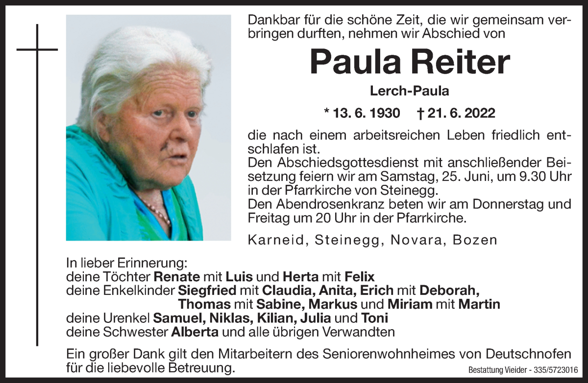  Traueranzeige für Paula Reiter vom 23.06.2022 aus Dolomiten