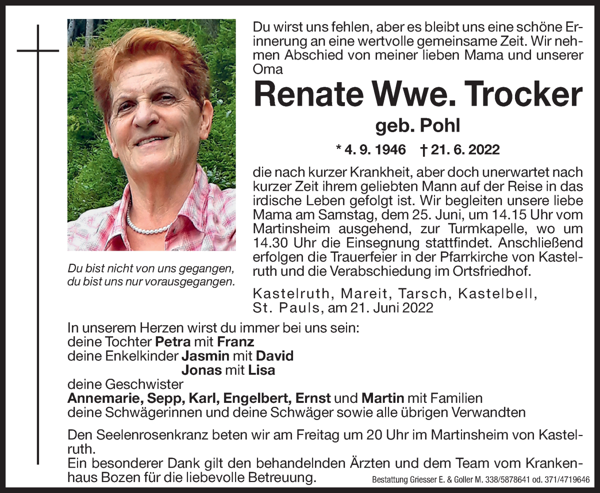  Traueranzeige für Renate Trocker vom 23.06.2022 aus Dolomiten