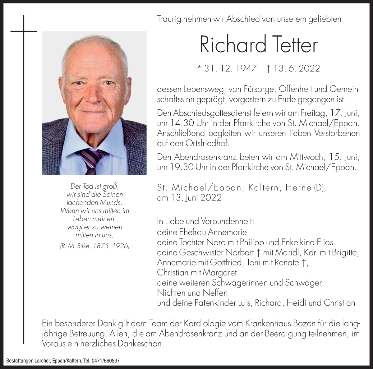  Traueranzeige für Richard Tetter vom 15.06.2022 aus Dolomiten