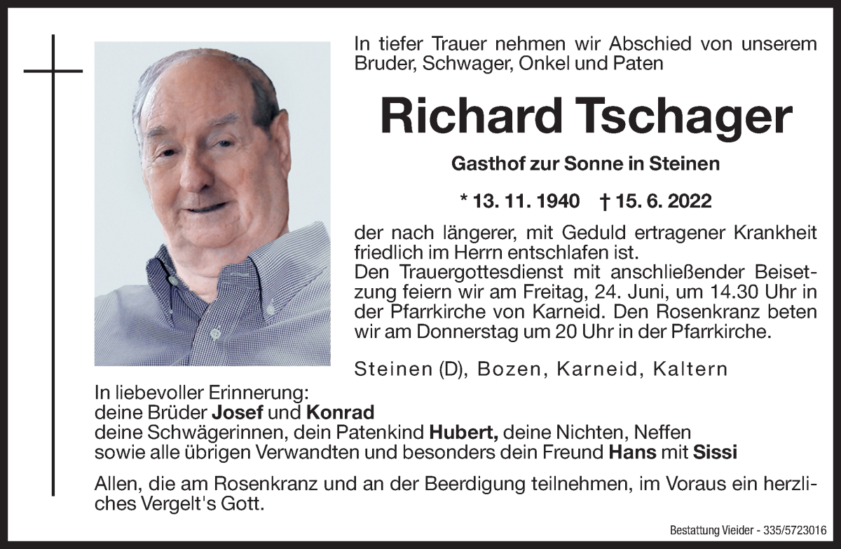  Traueranzeige für Richard Tschager vom 23.06.2022 aus Dolomiten