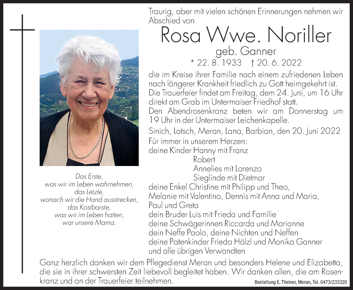  Traueranzeige für Rosa Noriller vom 22.06.2022 aus Dolomiten