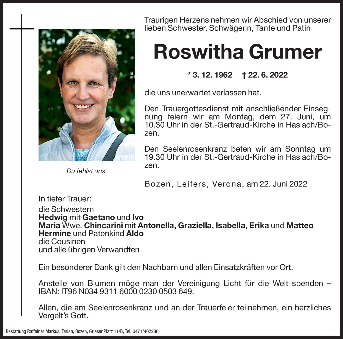  Traueranzeige für Roswitha Grumer vom 25.06.2022 aus Dolomiten