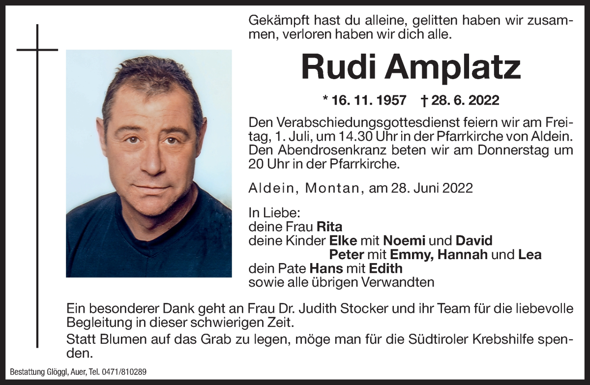  Traueranzeige für Rudi Amplatz vom 29.06.2022 aus Dolomiten