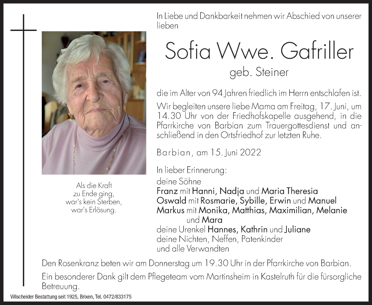  Traueranzeige für Sofia Gafriller vom 16.06.2022 aus Dolomiten