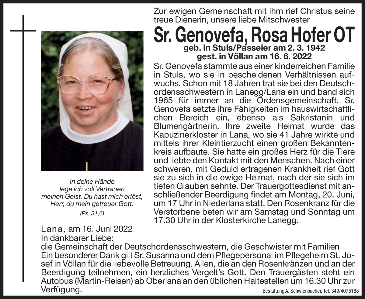  Traueranzeige für Sr. Genovefa, Rosa Hofer vom 18.06.2022 aus Dolomiten