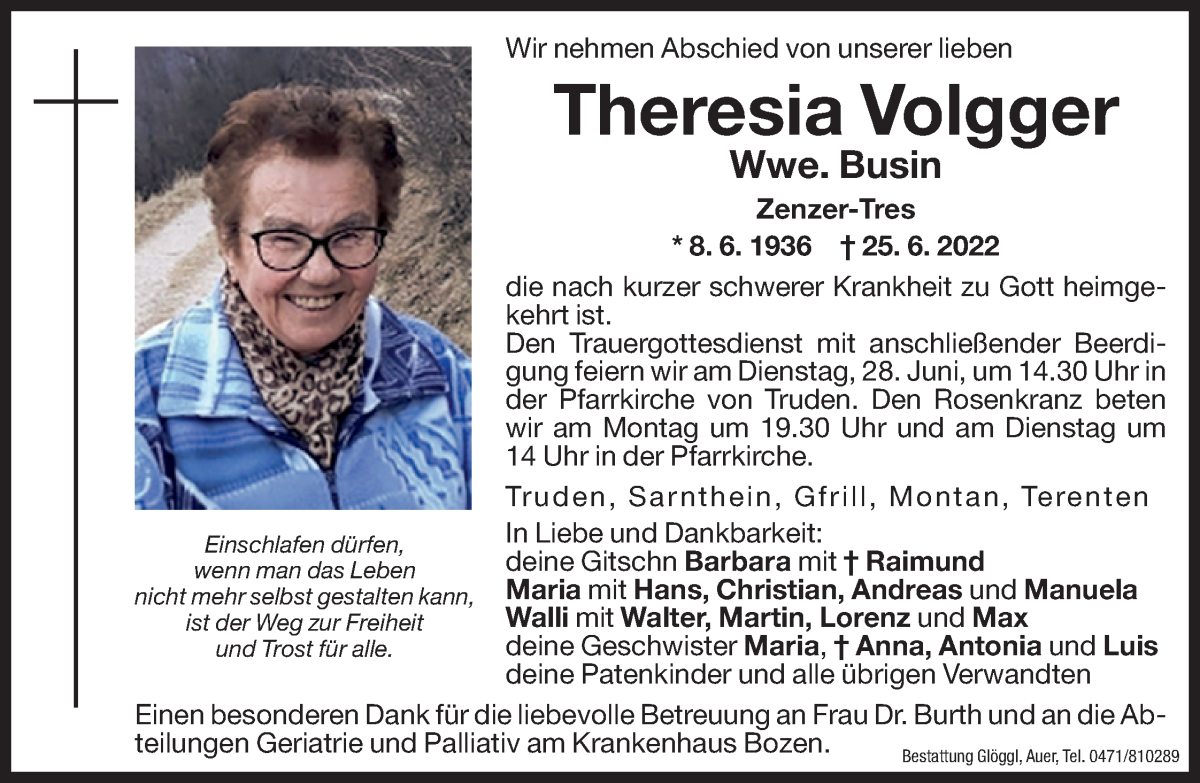  Traueranzeige für Theresia Busin vom 27.06.2022 aus Dolomiten