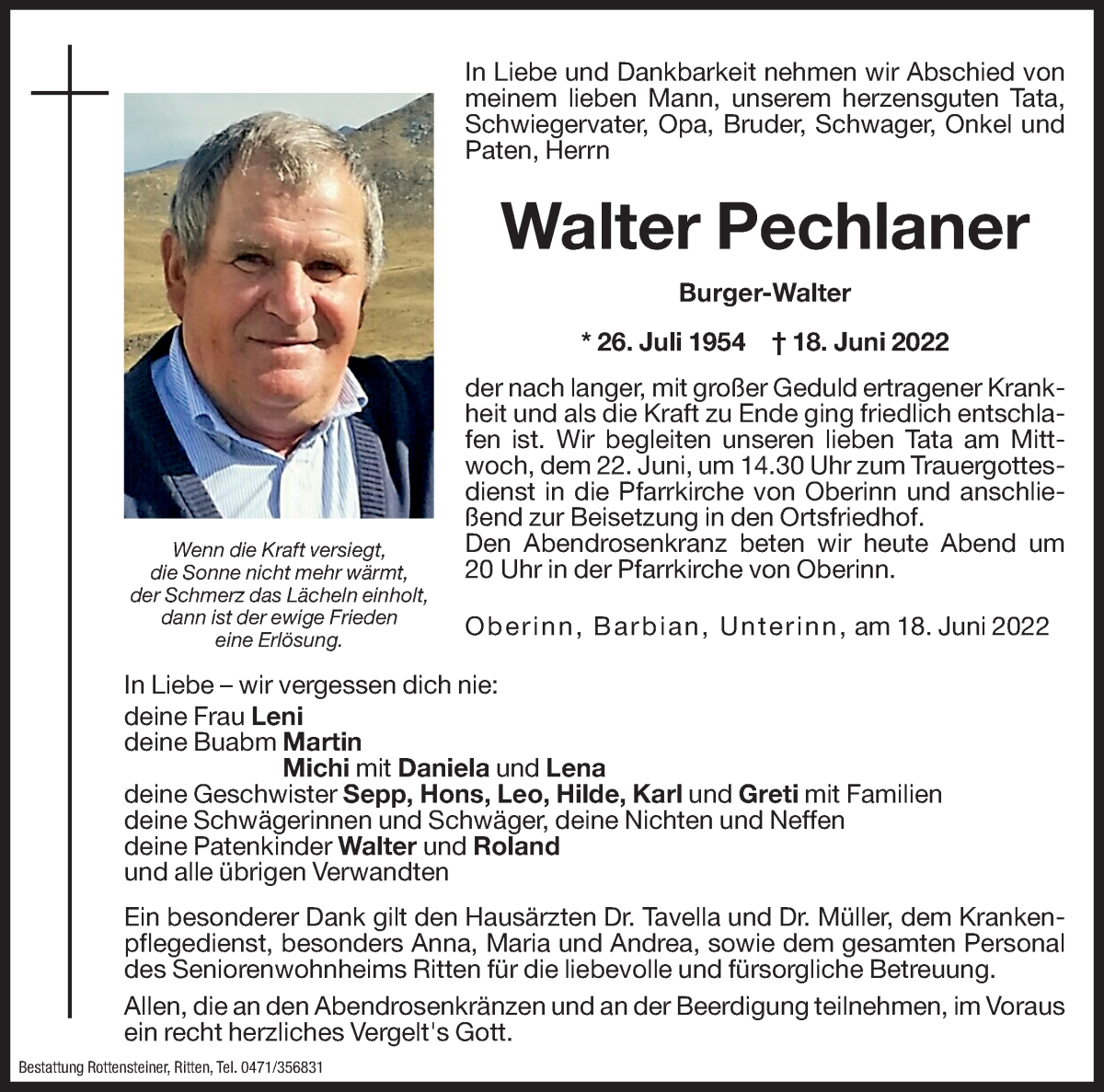  Traueranzeige für Walter Pechlaner vom 21.06.2022 aus Dolomiten