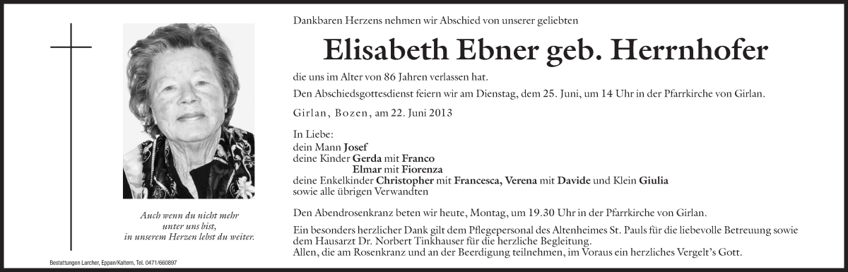  Traueranzeige für Elisabeth Ebner vom 24.06.2013 aus Dolomiten