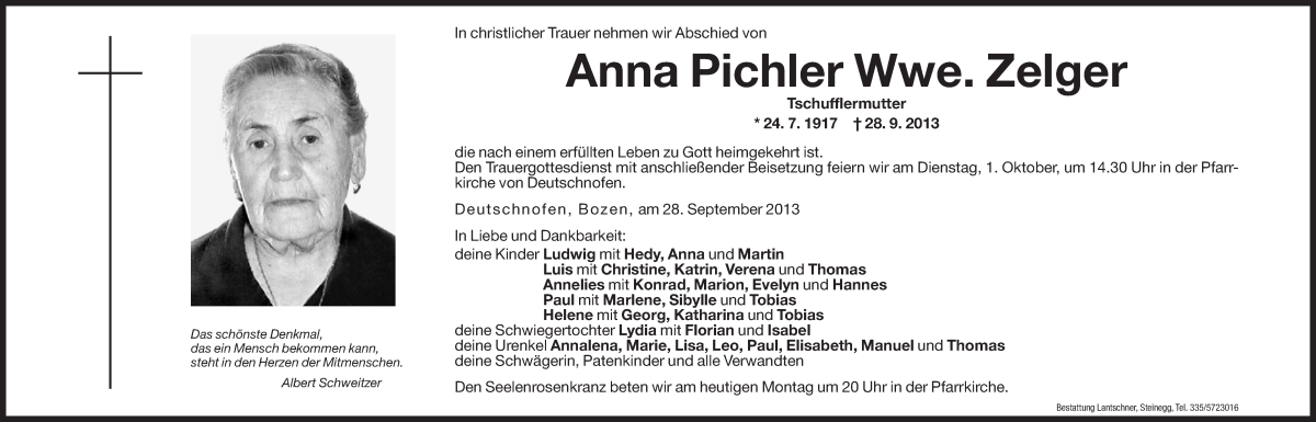  Traueranzeige für Anna Zelger vom 30.09.2013 aus Dolomiten