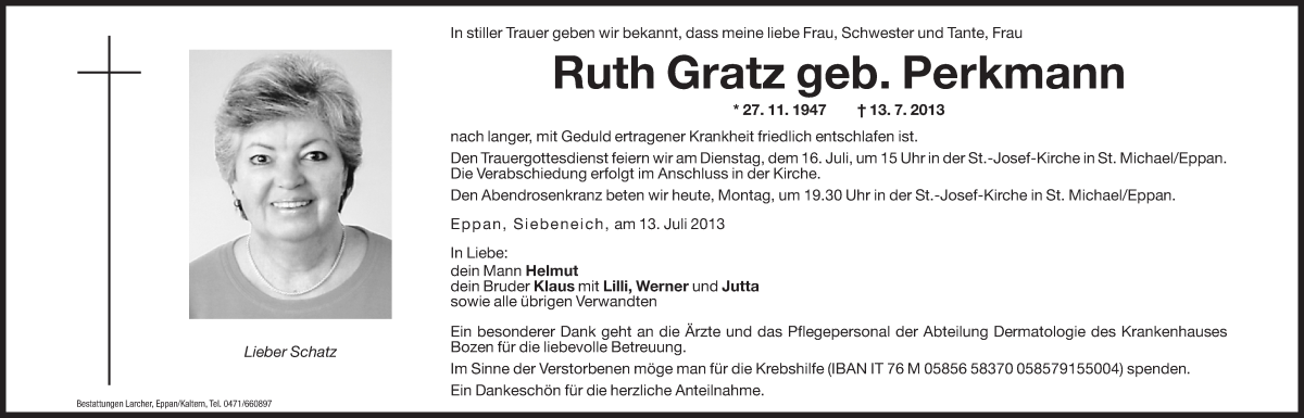  Traueranzeige für Ruth Gratz vom 15.07.2013 aus Dolomiten