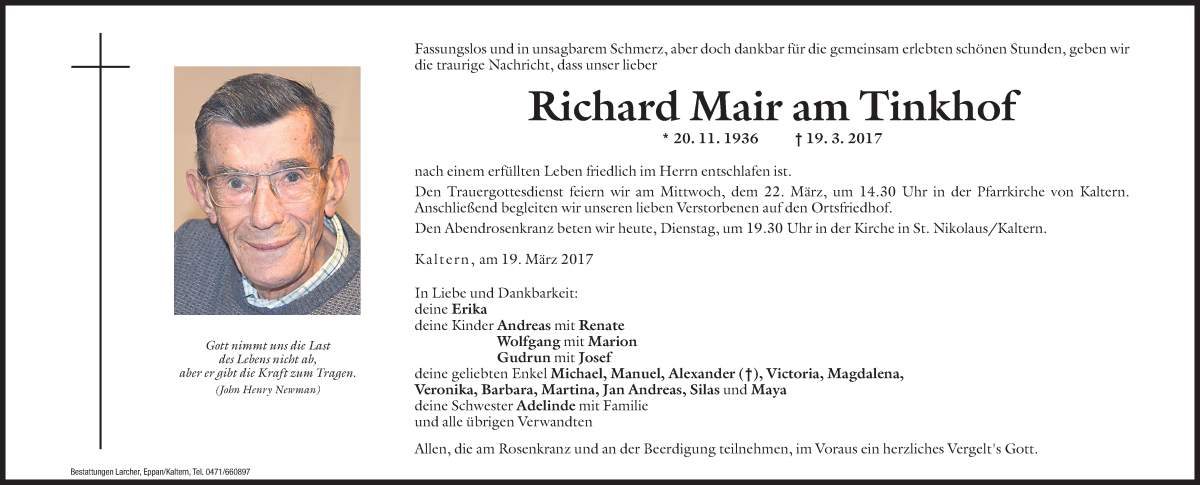  Traueranzeige für Richard Mair am Tinkhof vom 21.03.2017 aus Dolomiten