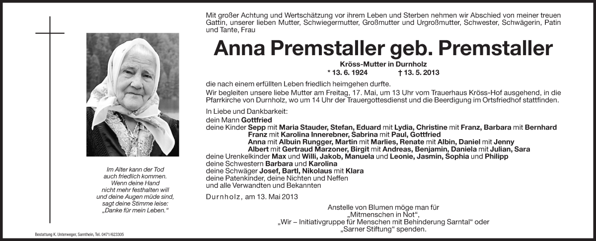  Traueranzeige für Anna Premstaller vom 15.05.2013 aus Dolomiten