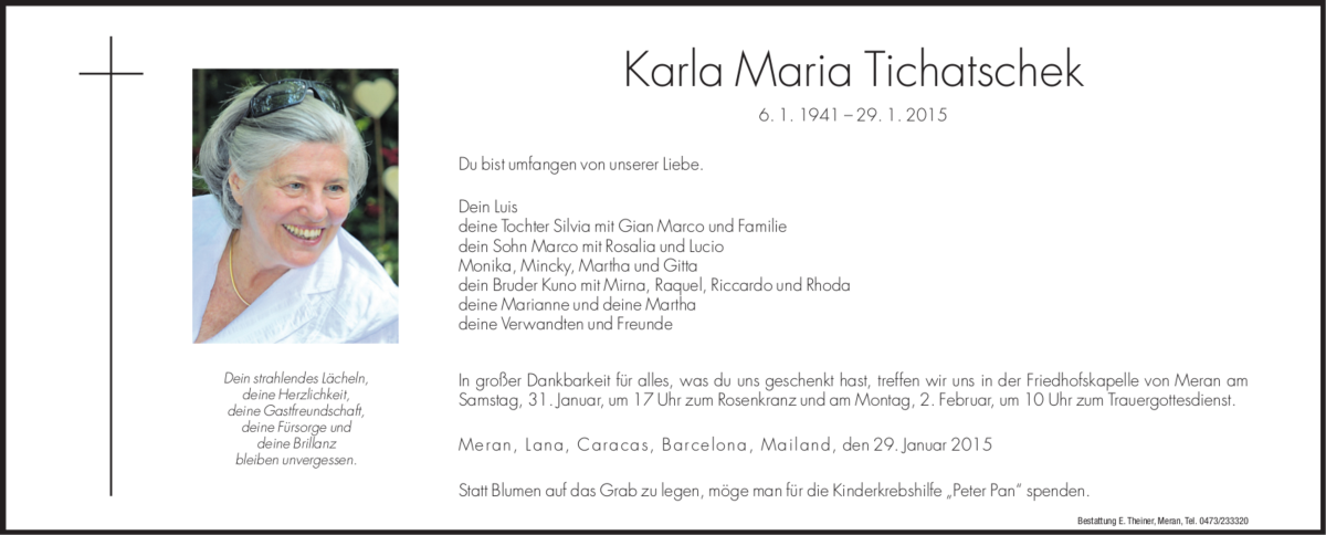  Traueranzeige für Karla Maria Tichatschek vom 31.01.2015 aus Dolomiten