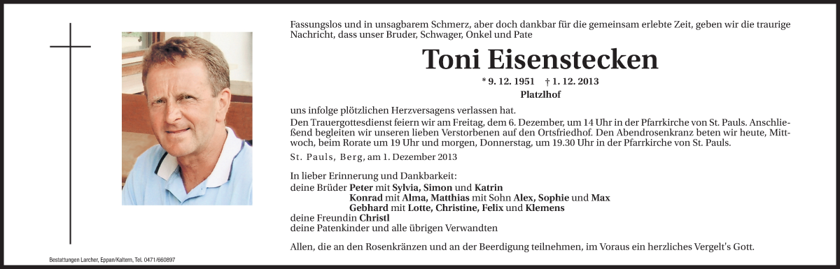  Traueranzeige für Toni Eisenstecken vom 04.12.2013 aus Dolomiten