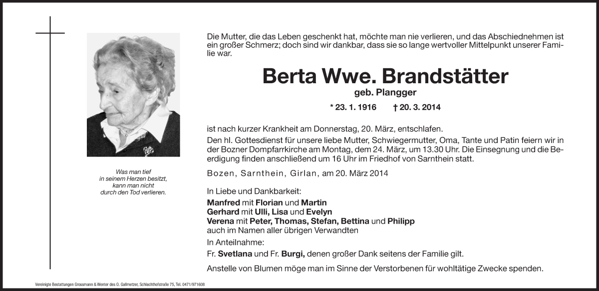  Traueranzeige für Berta Brandstätter vom 21.03.2014 aus Dolomiten