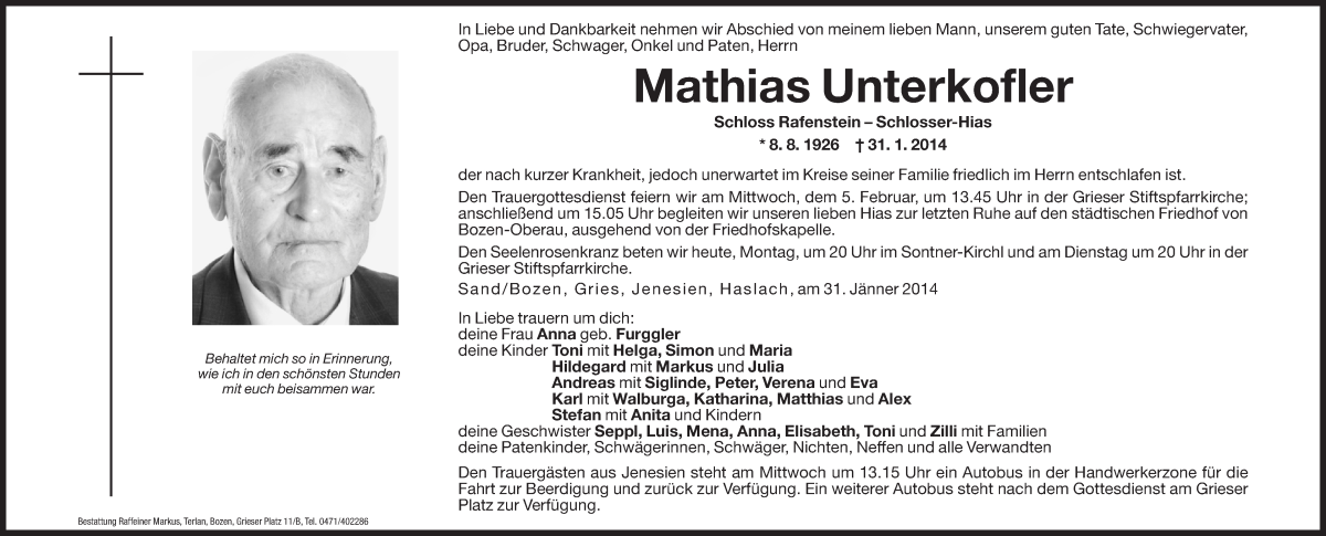  Traueranzeige für Mathias Unterkofler vom 03.02.2014 aus Dolomiten