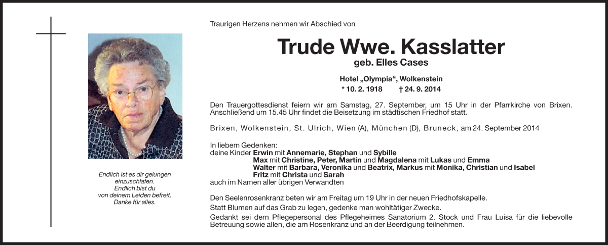  Traueranzeige für Trude Kasslatter vom 26.09.2014 aus Dolomiten