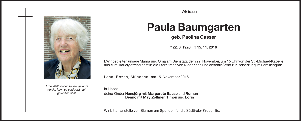  Traueranzeige für Paula Baumgarten vom 19.11.2016 aus Dolomiten
