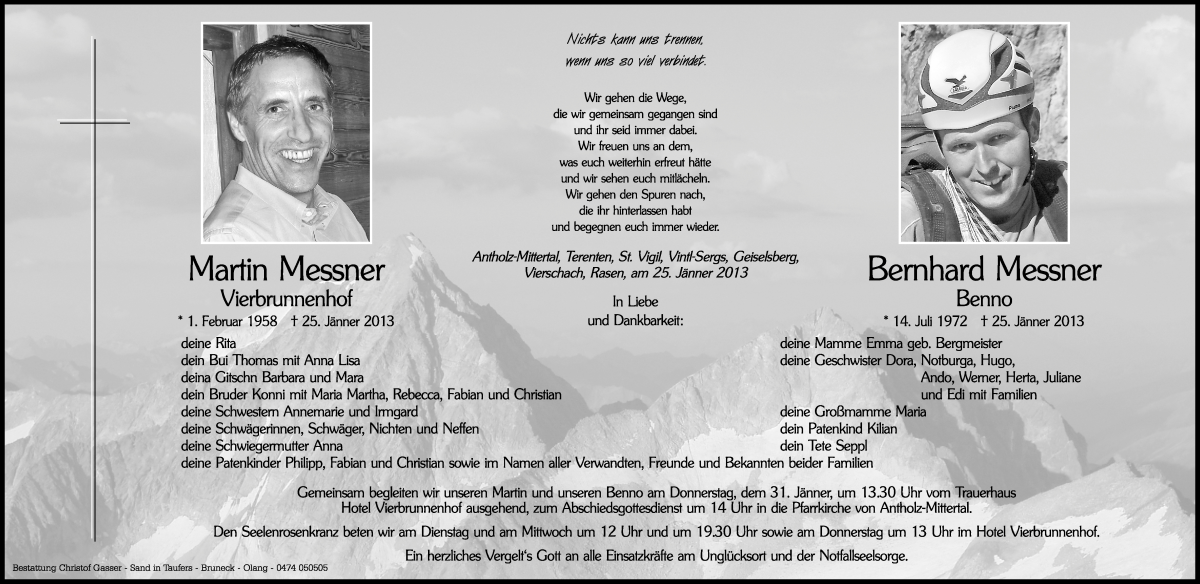  Traueranzeige für Bernhard Messner vom 29.01.2013 aus Dolomiten