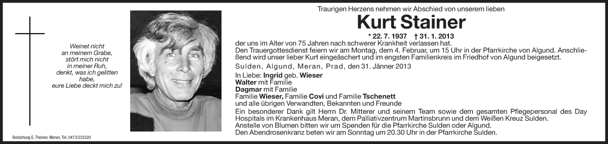  Traueranzeige für Kurt Stainer vom 02.02.2013 aus Dolomiten