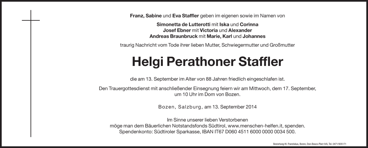  Traueranzeige für Helgi  Perathoner Staffler vom 16.09.2014 aus Dolomiten