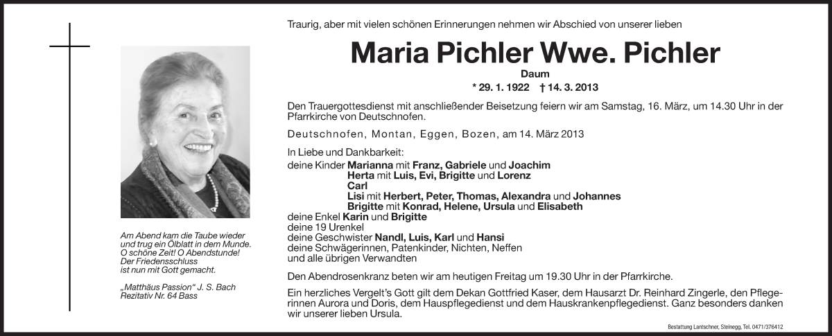  Traueranzeige für Maria Pichler vom 15.03.2013 aus Dolomiten