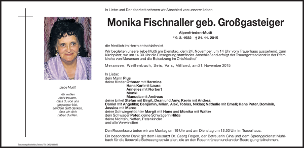 Traueranzeige von Monika Fischnaller von Dolomiten