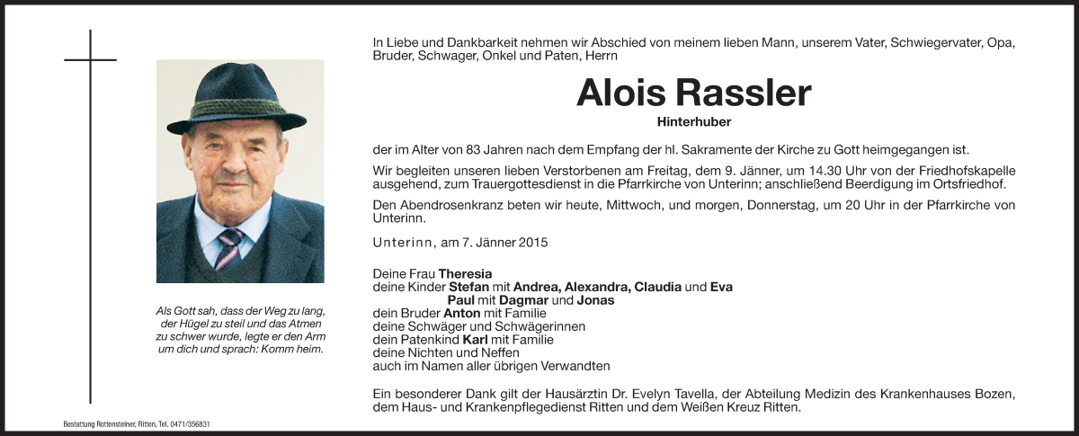  Traueranzeige für Alois Rassler vom 07.01.2015 aus Dolomiten