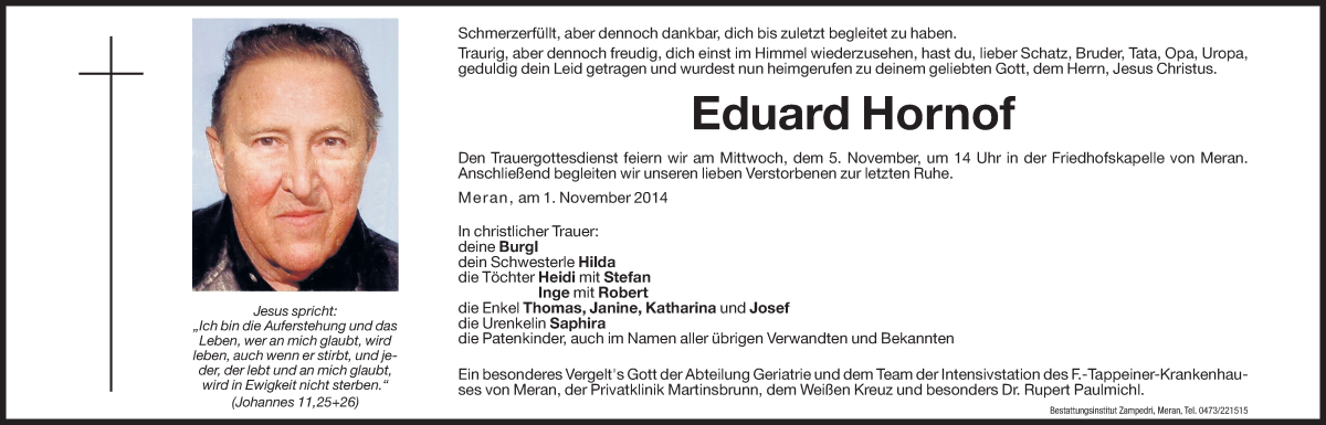  Traueranzeige für Eduard Hornof vom 03.11.2014 aus Dolomiten