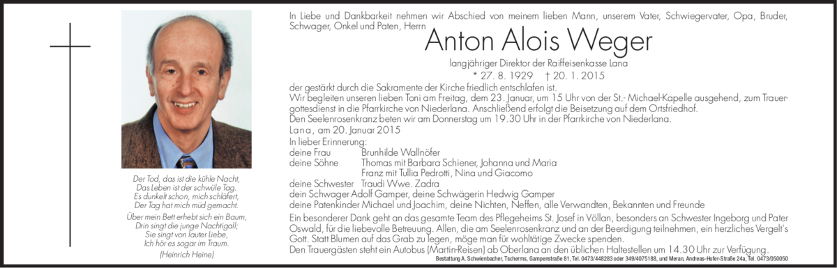  Traueranzeige für Anton Alois Weger vom 21.01.2015 aus Dolomiten