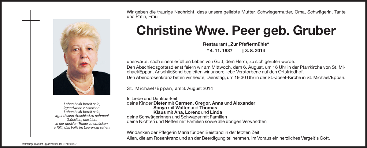  Traueranzeige für Christine Peer vom 05.08.2014 aus Dolomiten