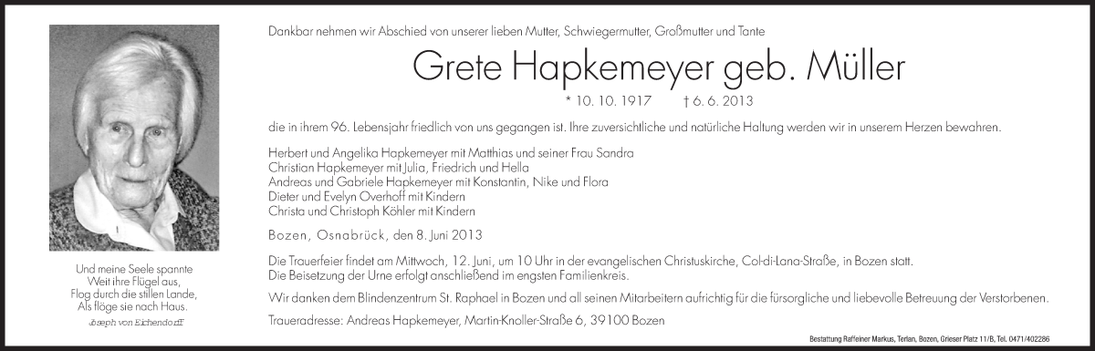  Traueranzeige für Grete Hapkemeyer vom 08.06.2013 aus Dolomiten