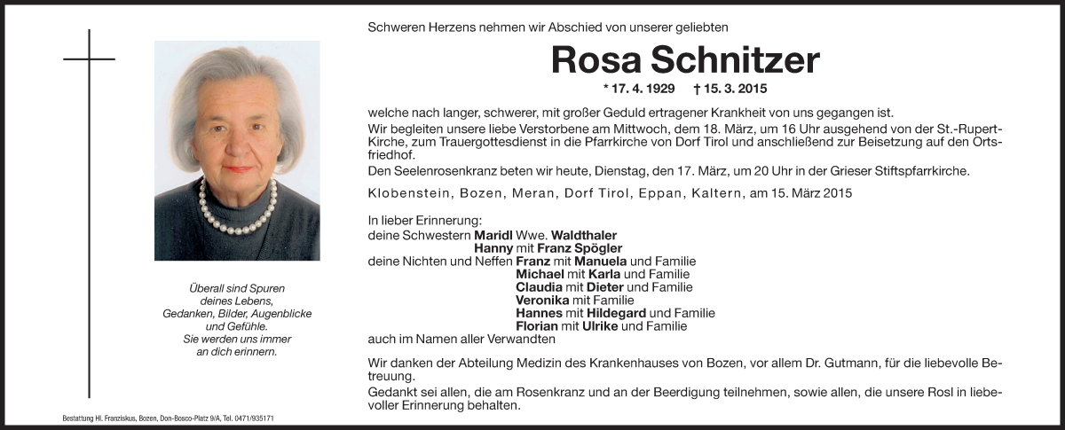  Traueranzeige für Rosa Schnitzer vom 17.03.2015 aus Dolomiten