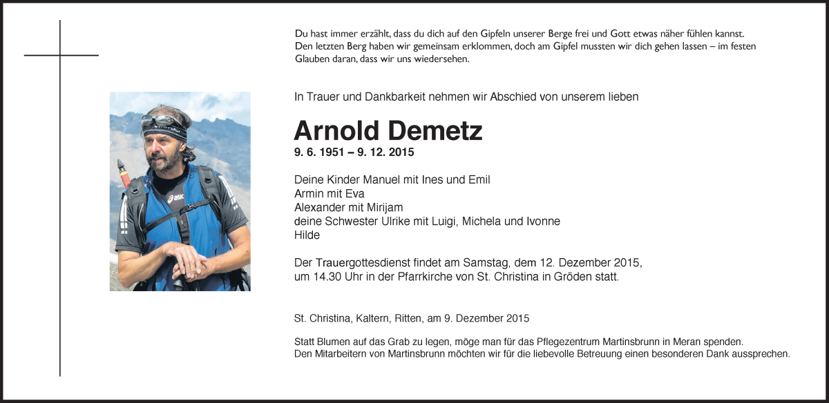  Traueranzeige für Arnold Demetz vom 10.12.2015 aus Dolomiten