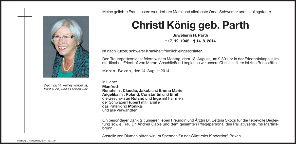  Traueranzeige für Christl König vom 18.08.2014 aus Dolomiten