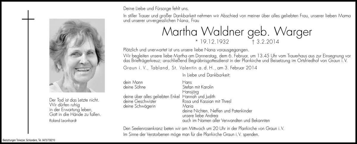  Traueranzeige für Martha Waldner vom 05.02.2014 aus Dolomiten