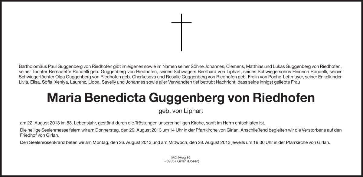  Traueranzeige für Maria Benedicta Guggenberg von Riedhofen vom 26.08.2013 aus Dolomiten