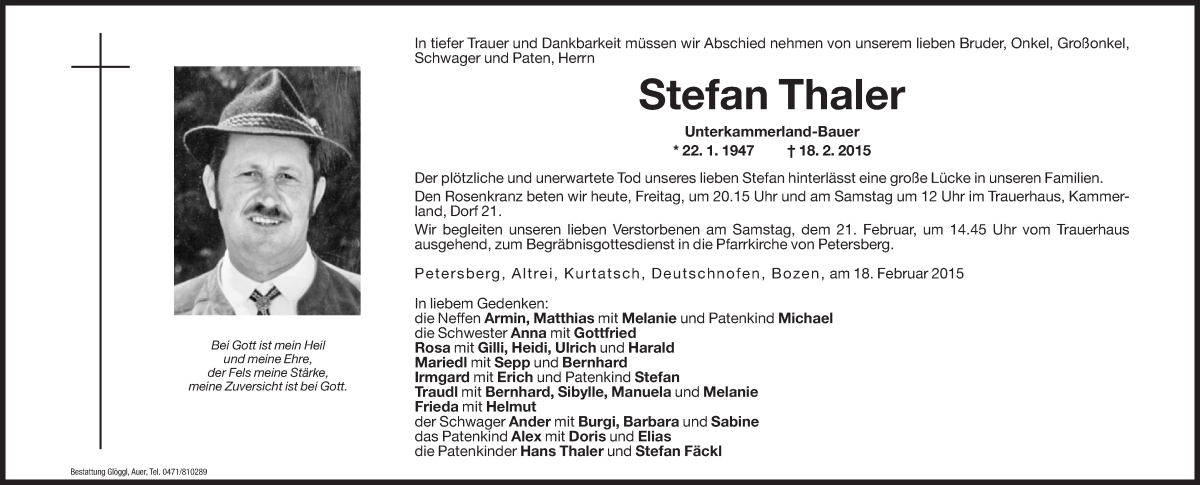  Traueranzeige für Stefan Thaler vom 20.02.2015 aus Dolomiten