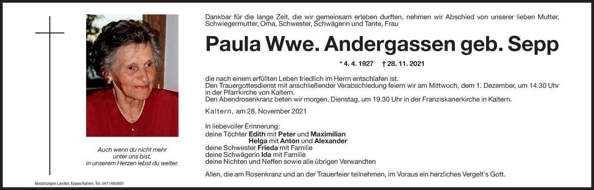  Traueranzeige für Paula Andergassen vom 29.11.2021 aus Dolomiten