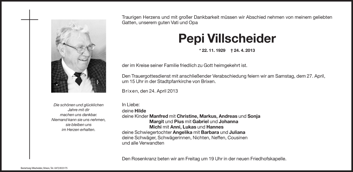  Traueranzeige für Pepi Villscheider vom 26.04.2013 aus Dolomiten