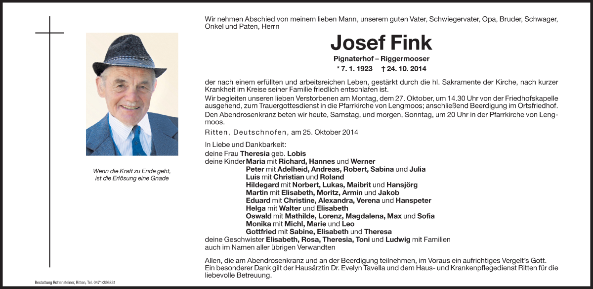  Traueranzeige für Josef Fink vom 25.10.2014 aus Dolomiten