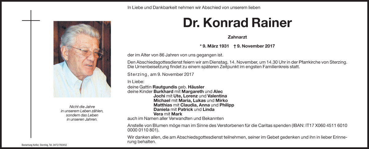  Traueranzeige für Konrad Rainer vom 10.11.2017 aus Dolomiten